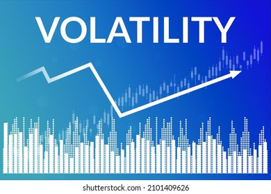 Volatility On Financial Market, Blue Finance Background From Columns, Candlesticks, Line, Arrow. Financial Market Concept