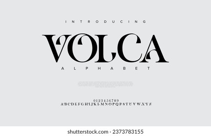 Volca premium luxury elegant alphabet letters and numbers. Elegant wedding typography classic serif font decorative vintage retro. Creative vector illustration