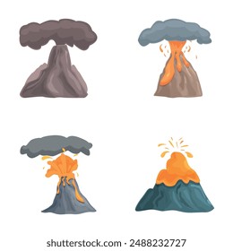 Volcanic activity icons set cartoon vector. Vulcan eruption with burning lava. Natural disaster