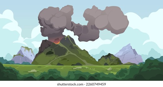 Volcanic eruption background. Nature landscape with active volcano eruption, lava flow and smoke, mountain fiery top with crater and magma. Vector illustration of landscape volcanic