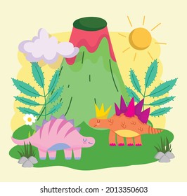 volcanic eruption and cartoon dinosaurs