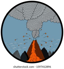 A volcanic eruption, a circle in which six mountains are depicted, a mountain in the middle erupting lava. Natural disaster, volcanic eruption.