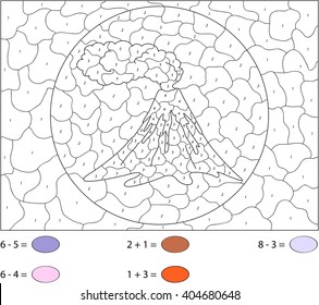 Volcanic eruption. Color by number educational game for schoolchild and preschool kids