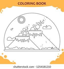 Volcanic eruption. Coloring book for kids. Flat illustration