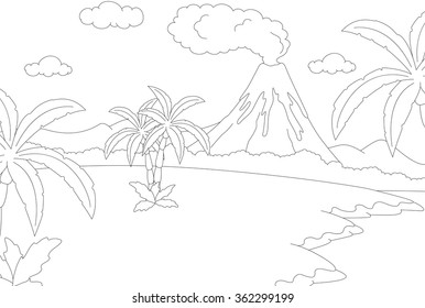 Volcanic eruption. Coloring book for kids. Vector illustration