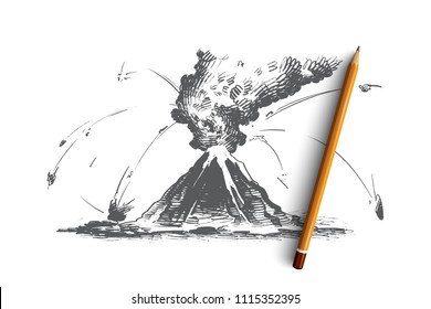 Volcanic eruption concept. Hand drawn volcano activity with magma and smoke. Nature disaster isolated vector illustration.