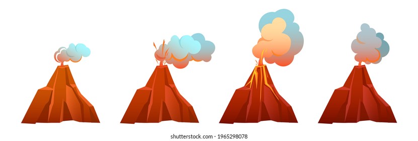 Volcanic eruption in different stages. Volcano erupts with flow lava, fire and clouds of smoke, ash and gases. Vector cartoon set of mountain with crater and hot magma isolated on white background