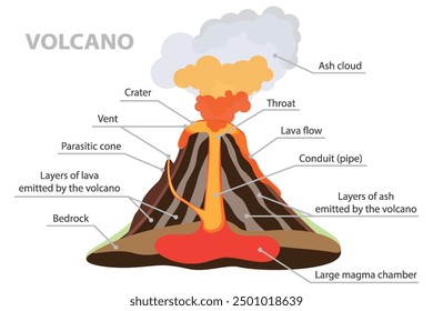 Erupción volcánica. Cartel educativo de la sección transversal del volcán. Nube de ceniza, cráter, garganta, conducto, flujo de lava, magma, respiradero, lecho de roca y capas de ceniza.