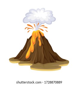 Erupción volcánica con flujo de lava como ilustración vectorial del cataclismo natural