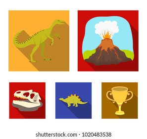 Volcanic eruption, gallimimus, stegosaurus,dinosaur skull. Dinosaur and prehistoric period set collection icons in flat style vector symbol stock illustration web.