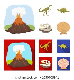 Volcanic eruption, gallimimus, stegosaurus,dinosaur skull. Dinosaur and prehistoric period set collection icons in cartoon,flat style vector symbol stock illustration web.