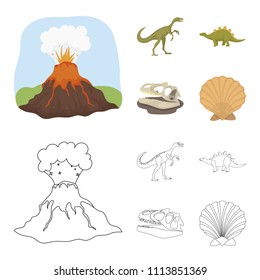 Volcanic eruption, gallimimus, stegosaurus,dinosaur skull. Dinosaur and prehistoric period set collection icons in cartoon,outline style vector symbol stock illustration web.