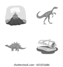 Volcanic eruption, gallimimus, stegosaurus,dinosaur skull. Dinosaur and prehistoric period set collection icons in monochrome style vector symbol stock illustration web.