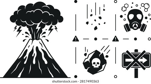 Volcanic Eruption Hazard and Natural Disaster Icon Set with Ash Cloud Falling Rocks Toxic Gas Mask and Blocked Evacuation Symbols.eps