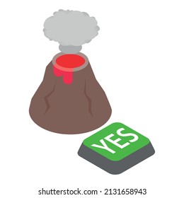 Icono de erupción volcánica vector isométrico. Volcán con nube de cenizas y botón sí. Volcán activo, desastre natural geológico, fenómeno sísmico