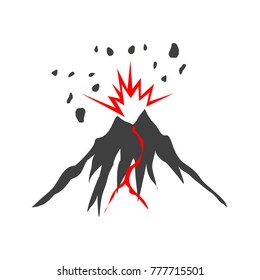 Volcanic eruption illustrated in silhouette style. Nature disaster eruption with smoke and rocks thrown in the sky and lava flowing out from its crater