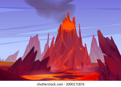 Ilustración de erupción volcánica. El volcán entra en erupción con lava caliente, fuego y nubes de humo, cenizas y gases. Paisaje de dibujos animados vectores con rocas, montaña con cráter y magma de flujo al atardecer