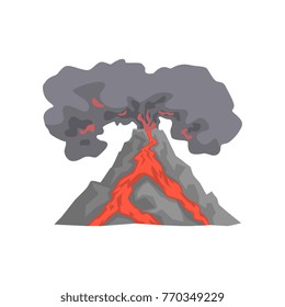 Volcanic eruption, lava flowing down the mountain, volcano with dust cloud vector Illustration