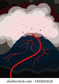 Volcanic eruption, lava, mountain, night, pixel art illustration