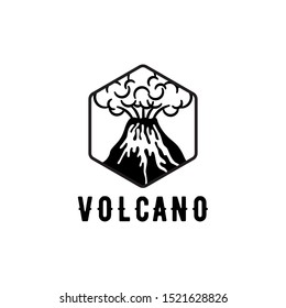 Volcanic eruption with lava and smoke vector illustration in black and white color.