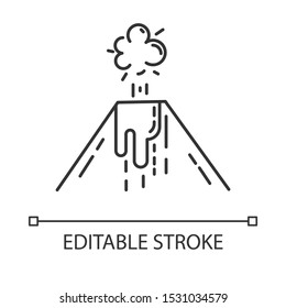 Volcanic eruption linear icon. Smoke, ash and lava emission from volcano. Seismic hazard. Geological disaster. Thin line illustration. Contour symbol. Vector isolated outline drawing. Editable stroke