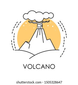 Volcanic eruption, natural disaster, volcano isolated icon vector. Hot burning lava splash and smoke, natural phenomenon. Erupting rock, life threat and danger, ecological problem, environment