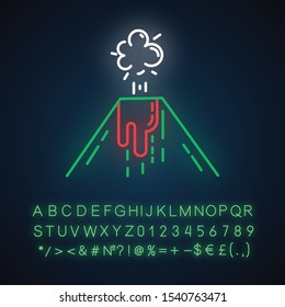 Volcanic eruption neon light icon. Smoke, ash and lava emission from volcano. Geological disaster. Natural catastrophe. Glowing sign with alphabet, numbers and symbols. Vector isolated illustration