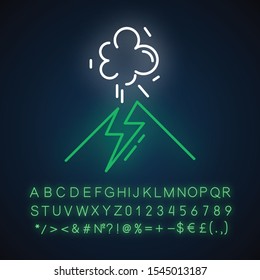 Volcanic eruption neon light icon. Geothermal power. Active volcano explosion. Seismically hazardous area. Glowing sign with alphabet, numbers and symbols. Vector isolated illustration
