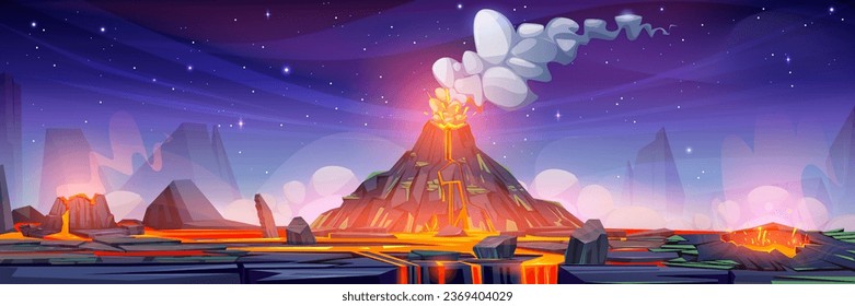 Volcanic eruption on night rocky landscape. Vector cartoon illustration of hot lava and cloud of steam flowing from mountain crater, cracked desert, prehistoric natural background, alien planet