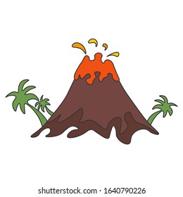 Volcanic eruption with palm trees isolated on a white background. Vector illustration.