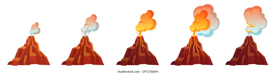 Volcanic eruption process in different stages. Volcano erupt with flow magma, fire and clouds of smoke, ash and gases. Vector cartoon set of mountain with crater and lava isolated on white background