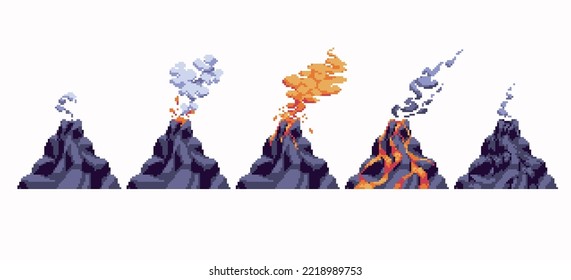 Volcanic eruption stages pixel art set. Flowing lava, swirling smoke, black mountain collection. 8 bit sprite. Game development, mobile app.  Isolated vector illustration.