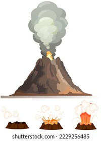 Volcanic eruption stages set. Steaming volcano, hot burning magma approach, splash and spreading of lava. Vulcanology, geology, study of seismic activity concept. Erupting rock pinnacle volcano