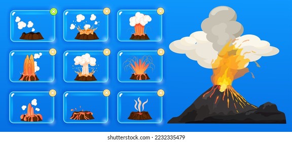 Volcanic eruption stages set. Steaming volcano, hot burning magma approach, splash and spreading of lava. Vulcanology, geology, study of seismic activity concept. Erupting rock pinnacle volcano