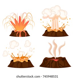 Volcanic Eruption Stages Vector Illustrations Set. Steaming Volcano, Hot Burning Lava Approach, Splash And Spreading Isolated On White Background. Vulcanology Concept In Flat Design Cartoon Style