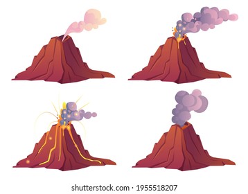 Estadios de erupción volcánica. El volcán entra en erupción con lava caliente, fuego y nubes de humo, cenizas y gases. Conjunto de dibujos animados vectores de montaña con magma de cráter y flujo aislado en fondo blanco