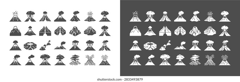Volcanic eruption and volcano icon set vector illustration featuring various geological landforms, ash clouds, lava flow, magma chamber cross-section, volcanic crater, and pyroclastic explosion symbols on light and dark background.