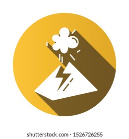 Volcanic eruption yellow flat design long shadow glyph icon. Geothermal power. Volcano explosion. Seismically hazardous area. Smoke and ash emission from mountain. Vector silhouette illustration