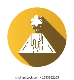 Volcanic eruption yellow flat design long shadow glyph icon. Smoke, ash and lava emission from volcano. Seismic hazard. Geological disaster. Natural catastrophe. Vector silhouette illustration