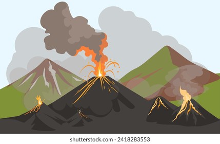 Erupciones volcánicas y consecuencias ilustrativas vectoriales. Volcán activo lanzando lava y humo. Catástrofe, desastre natural, concepto de ecología.