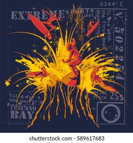 Volcanic explosion of surfers on dark graphic background