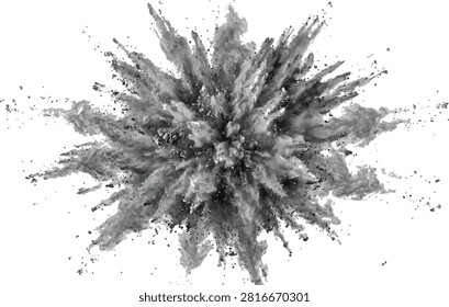 Volcanic grey ash explosion spreading outwards on white backdrop with explosion particles abstract splatter creative - Generated with AI