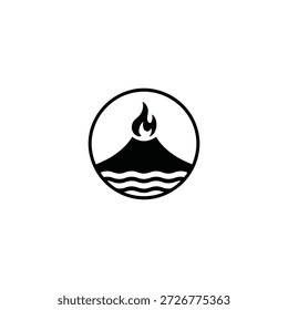 Volcanic island with flame a simple black and white circular design