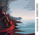 Volcanic island with medieval castle surrounded by ocean - geometric low-poly fantasy landscape vector illustration with lava and dramatic sky.