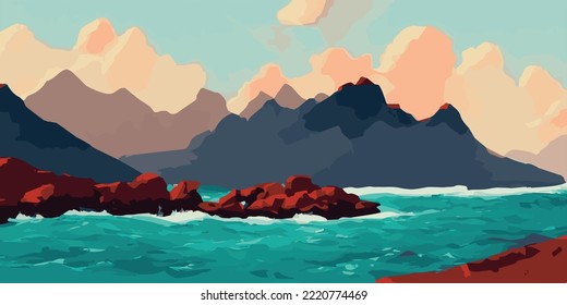 Islas volcánicas mar. Ilustración del paisaje vectorial. Los elementos se clasifican por separado en el archivo vectorial.
