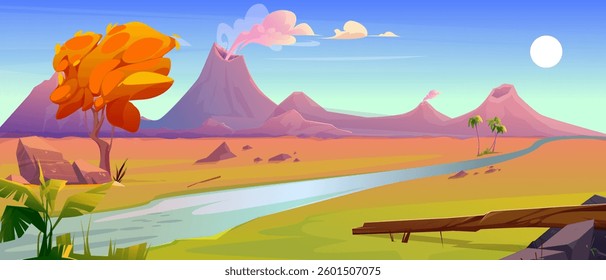 Volcanic Landscape with River and Autumn Tree - Cartoon Vector Illustration