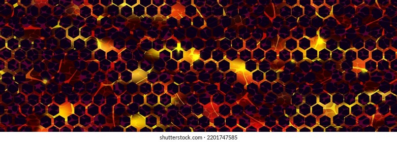 Lava volcánica con la textura de piedras de abeja vista superior. Superficie de magma caliente. Terreno roto con fuego líquido. Resumen del fondo vectorial. Tierra rota. Papel tapiz de la erupción volcánica