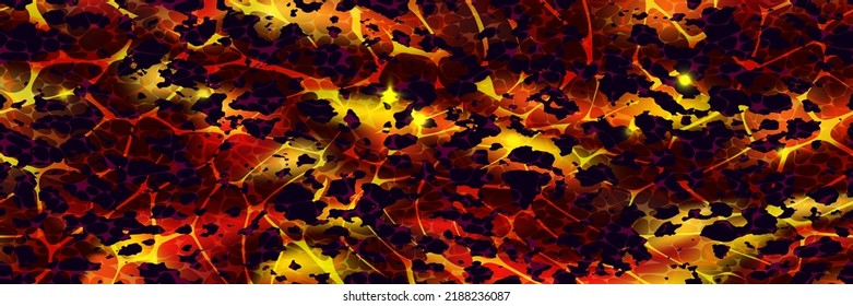 Volcanic lava with molten stones texture top view. Hot magma surface. Broken ground with liquid fire. Abstract vector background. Cracked earth. Volcano eruption wallpaper