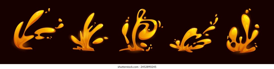 Volcanic lava splashes set isolated on black background. Vector cartoon illustration of volcano eruption magma flow, hot orange substance burst, magic effect, burning stream, vfx game design elements