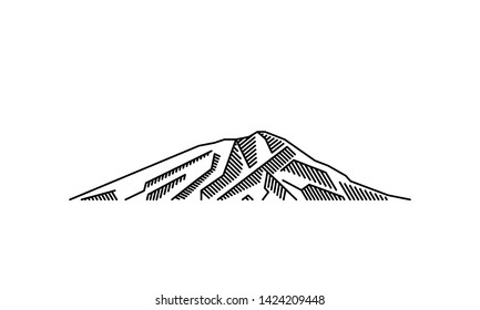 Volcanic line art icon. Mountain landscape of the volcano in Mexico Popocatepetl. Volcano outline illustration activity for travel adventure posters, attraction.